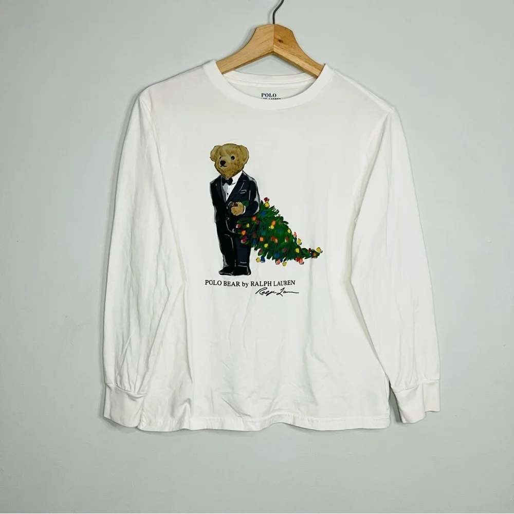 Polo by RL Kids White Bear Christmas Graphic Shirt Large 14-16
